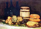 Still life with Fruit Bottles and Bread